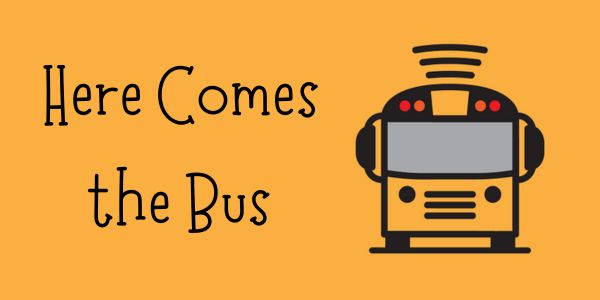 "Here Comes the Bus" with cartoon bus logo