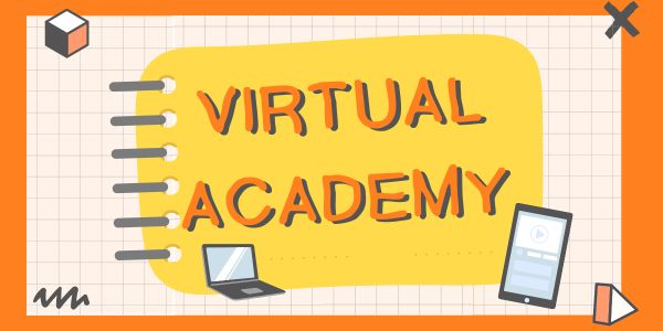 "Virtual Academy" written on a notebook with decorative shapes and electronic devices