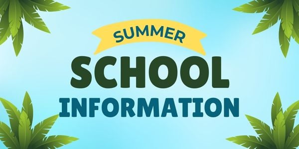 a blue background with green palm leaves and the text Summer School Information