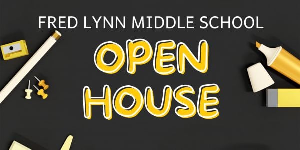 grey background with decorative school images with text FLMS Open House