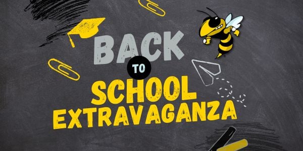 decorative chalkboard background with the text "Back to School Extravaganza"