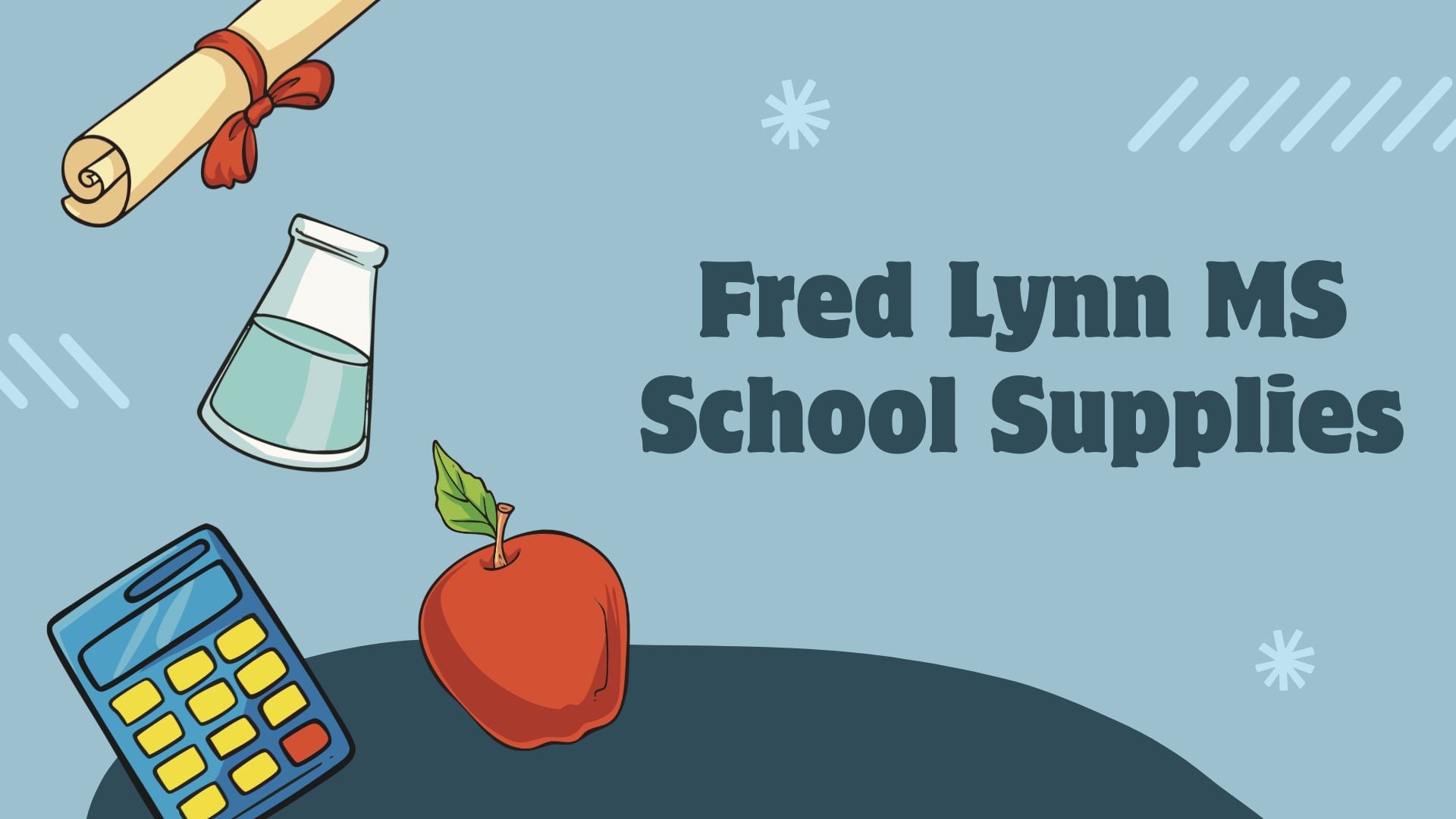  calculator apple beaker and diploma with text "Fred Lynn MS school supplies"